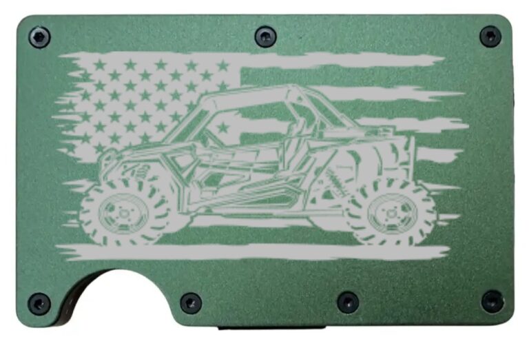 Side By Side RZR Flag design laser engraved on a army green aluminum RFID wallet