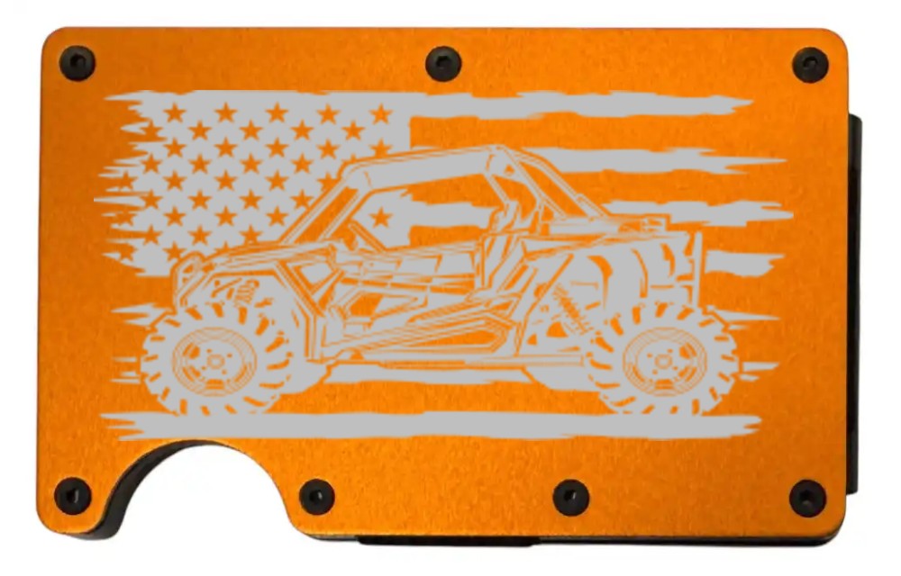 Side By Side RZR Flag design laser engraved on an orange metal wallet (preview)