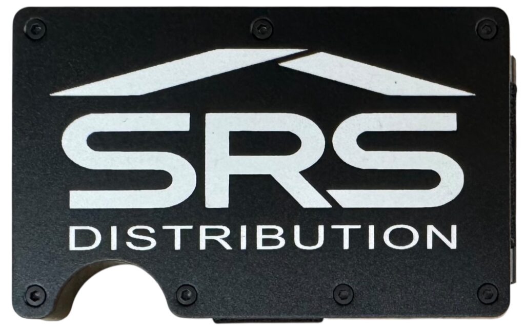 SRS Distribution logo laser engraved on a black metal wallet