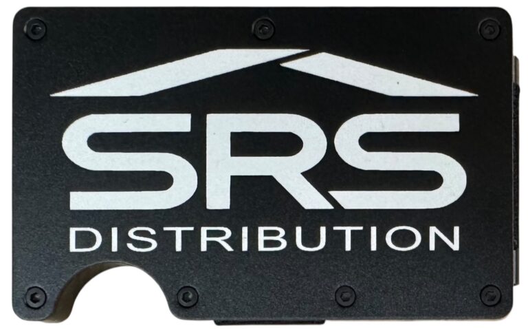 SRS Distribution logo laser engraved on a black metal wallet
