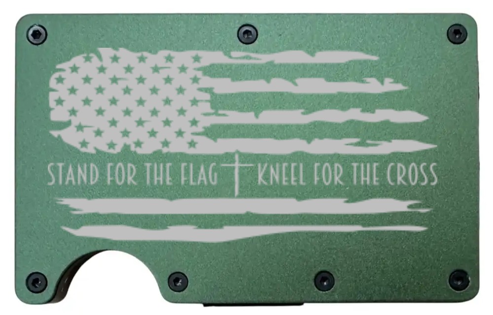 Stand For The Flag design laser engraved on a army green aluminum RFID wallet