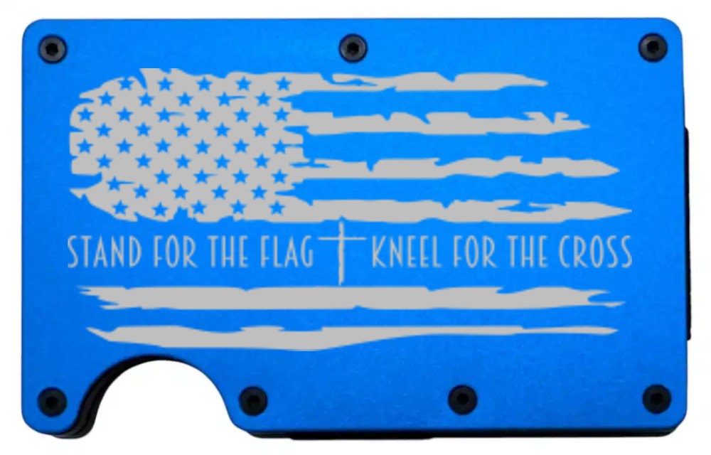 Stand For The Flag design laser engraved on a blue metal wallet (preview)