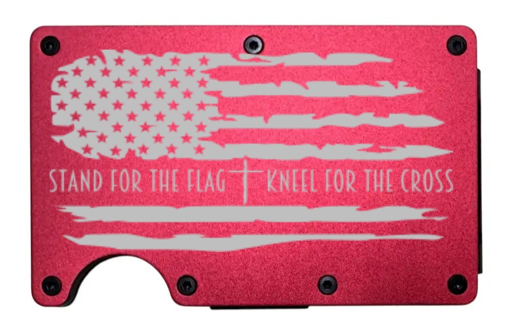Stand For The Flag design laser engraved on a red aluminum RFID wallet