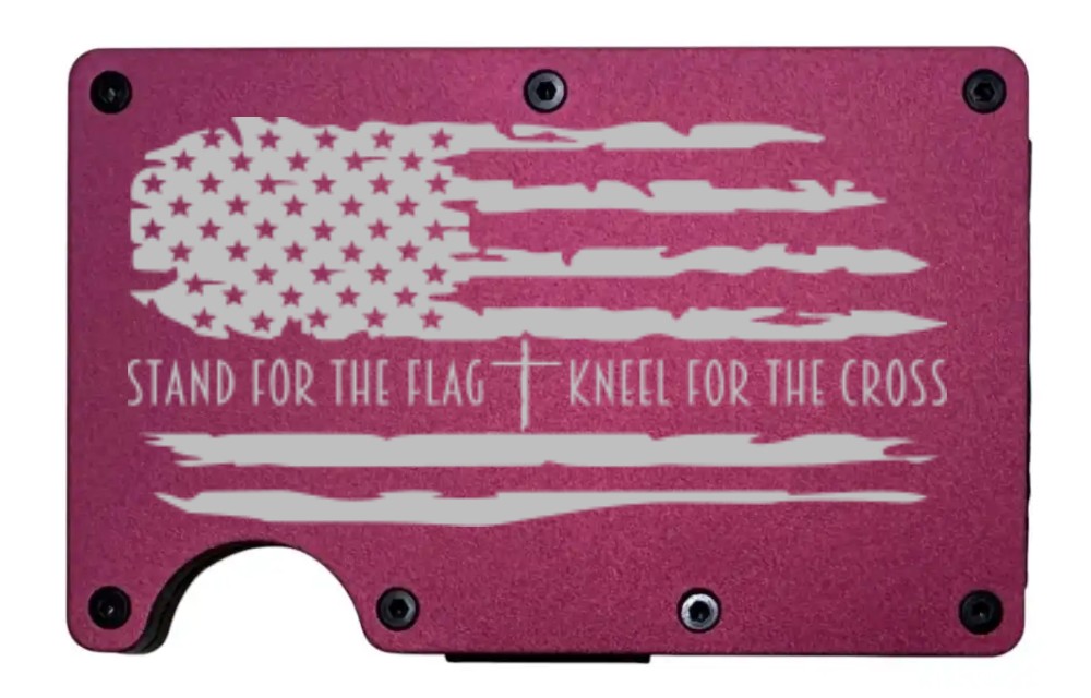 Stand For The Flag design laser engraved on a wine red aluminum RFID wallet