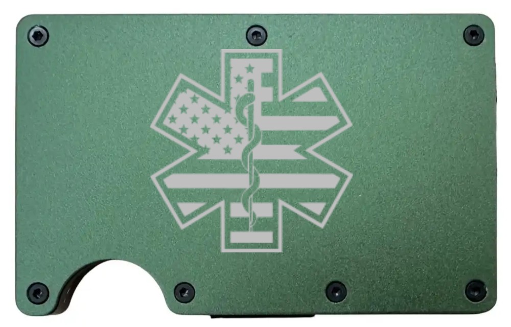 Star of Life design laser engraved on a army green aluminum RFID wallet