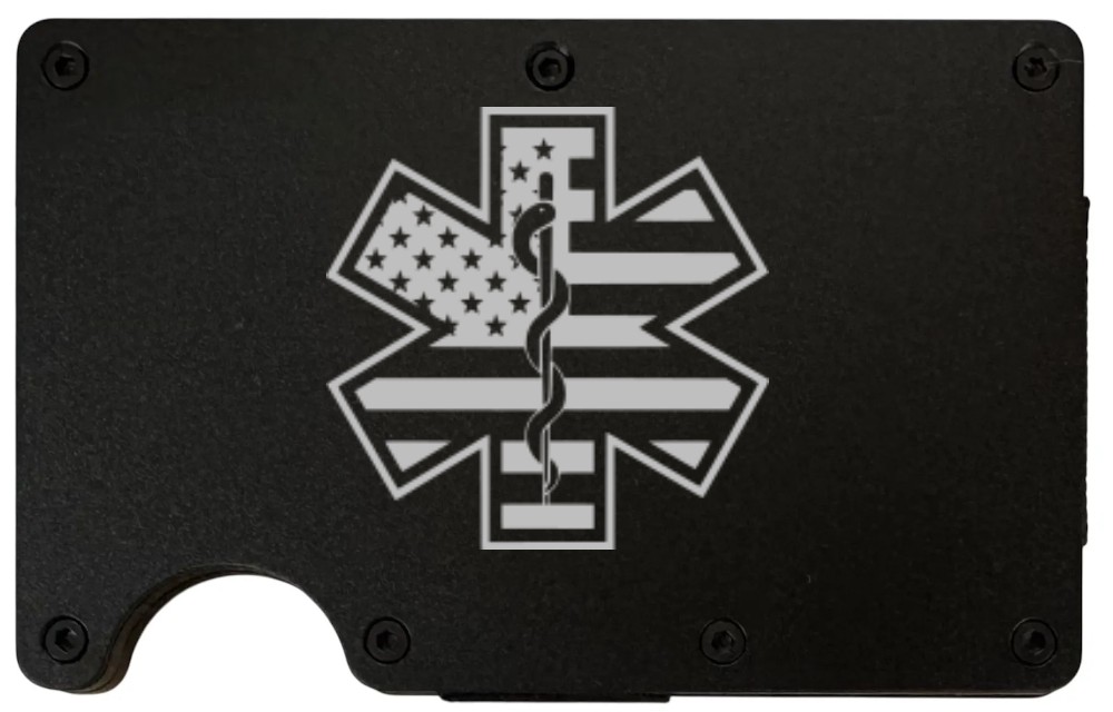 Star of Life design laser engraved on a black aluminum RFID wallet