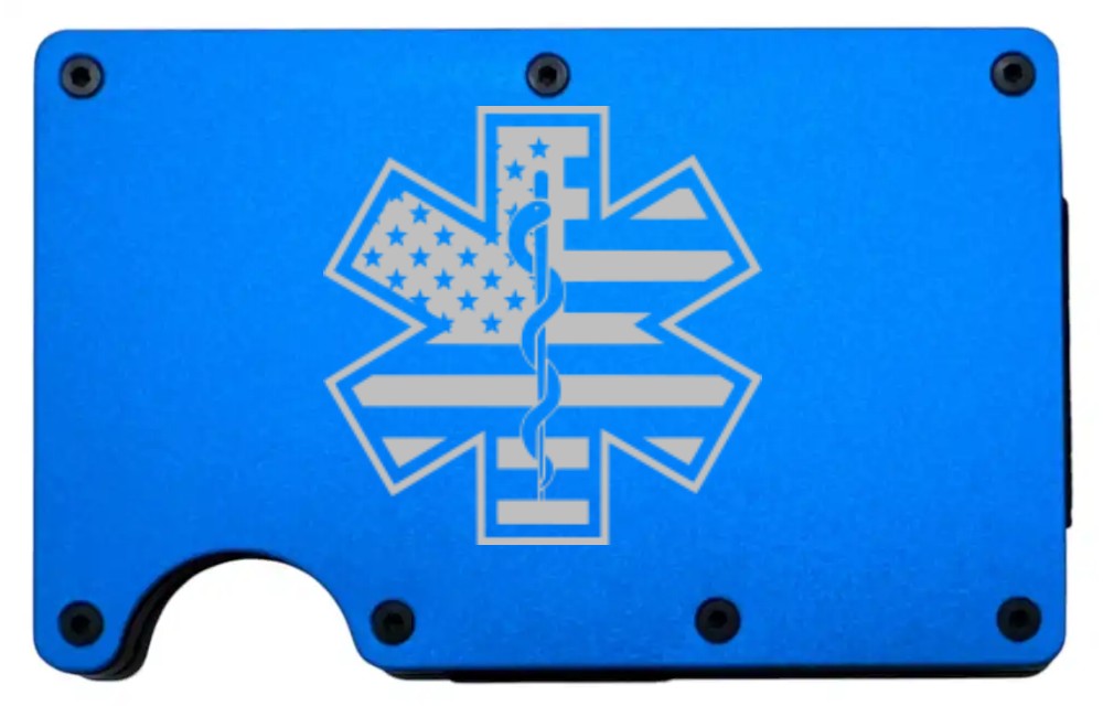 Star of Life design laser engraved on a blue aluminum RFID wallet