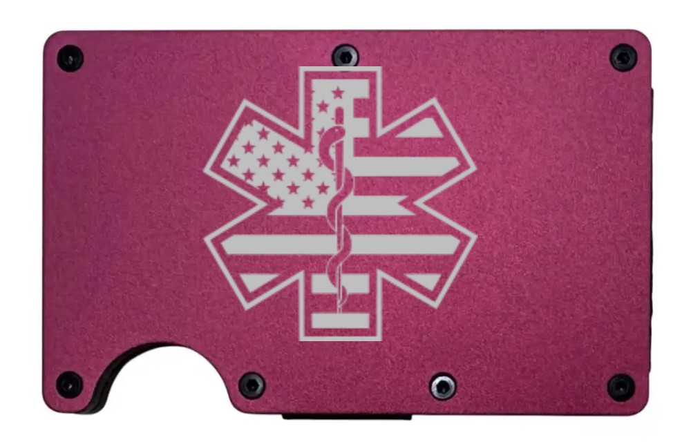 Star of Life design laser engraved on a wine red aluminum RFID wallet