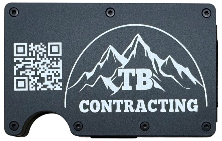 TB Contracting logo and QR code laser engraved on a black metal wallet