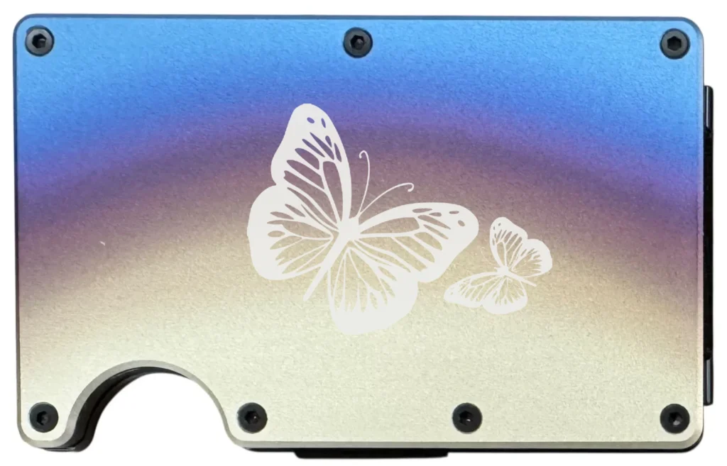 Laser engraved titanium rainbow finish metal wallet with butterflies design