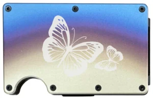 Laser engraved titanium rainbow finish metal wallet with butterflies design