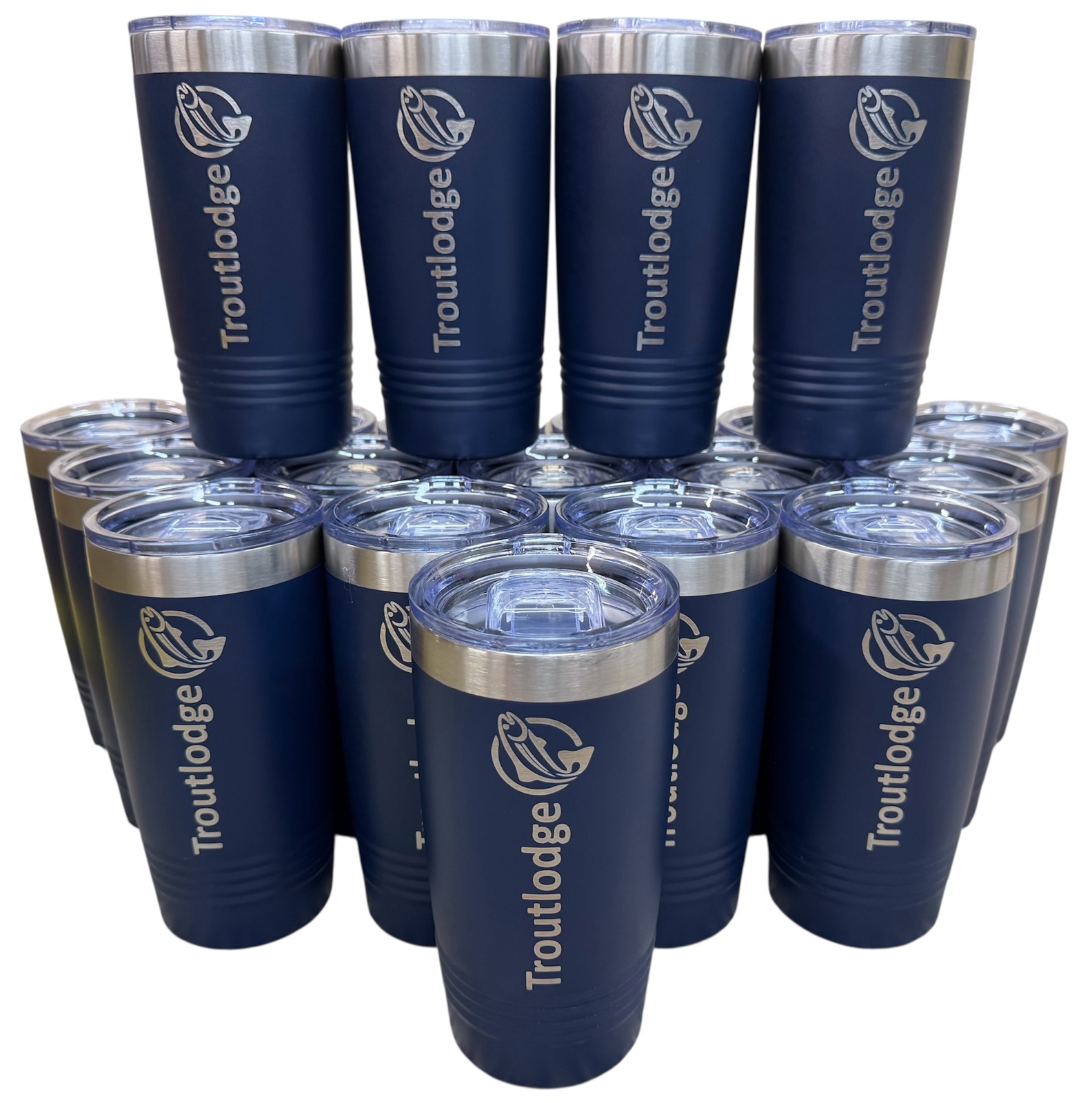Troutlodge company logo laser engraved on a stack of navy tumblers