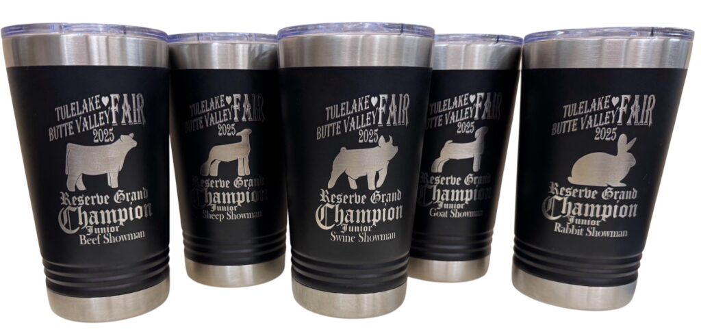 Tulelake Butte Valley Fair 2025 Reserve Grand Champion award tumblers laser engraved for junior showmanship