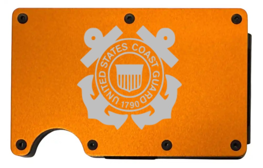 US Coast Guard design laser engraved on an orange metal wallet (preview)