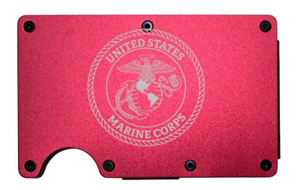US Marine Corps design laser engraved on a red metal wallet (preview)