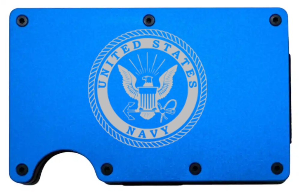 US Navy design laser engraved on a blue metal wallet (preview)