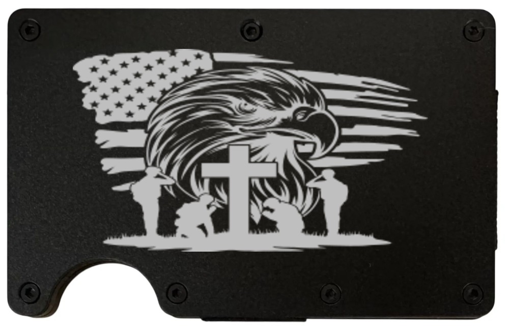 Black metal wallet laser engraved with a bald eagle, cross and kneeling soldiers over an American flag
