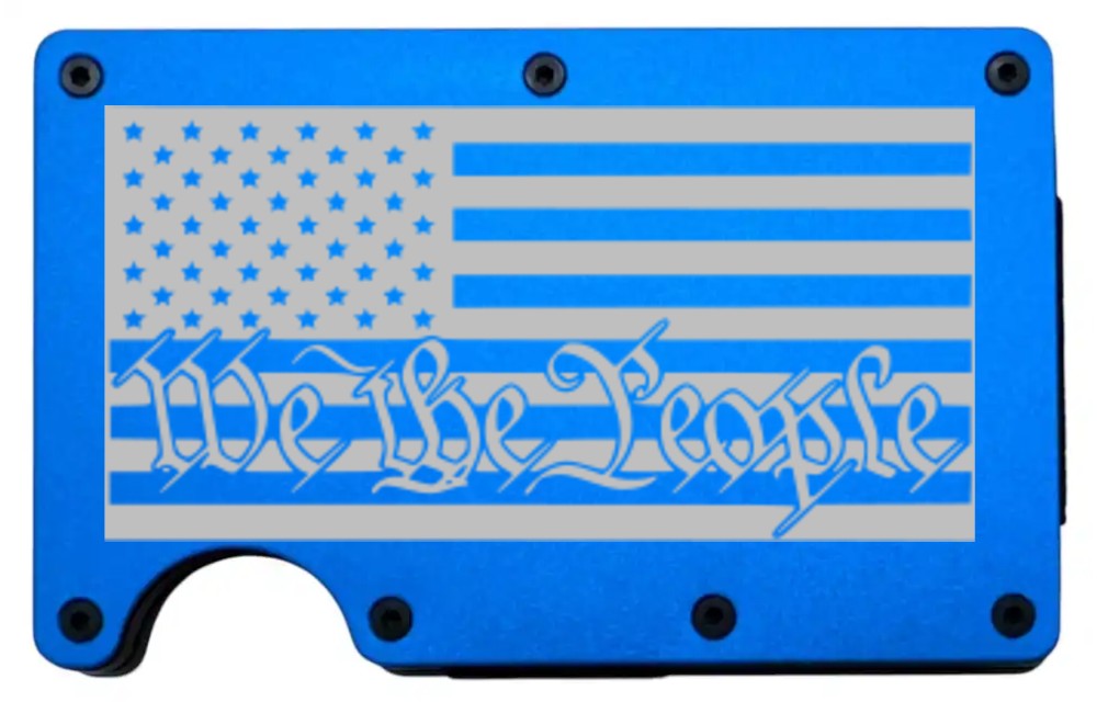 We The People Flag design laser engraved on a blue metal wallet (preview)