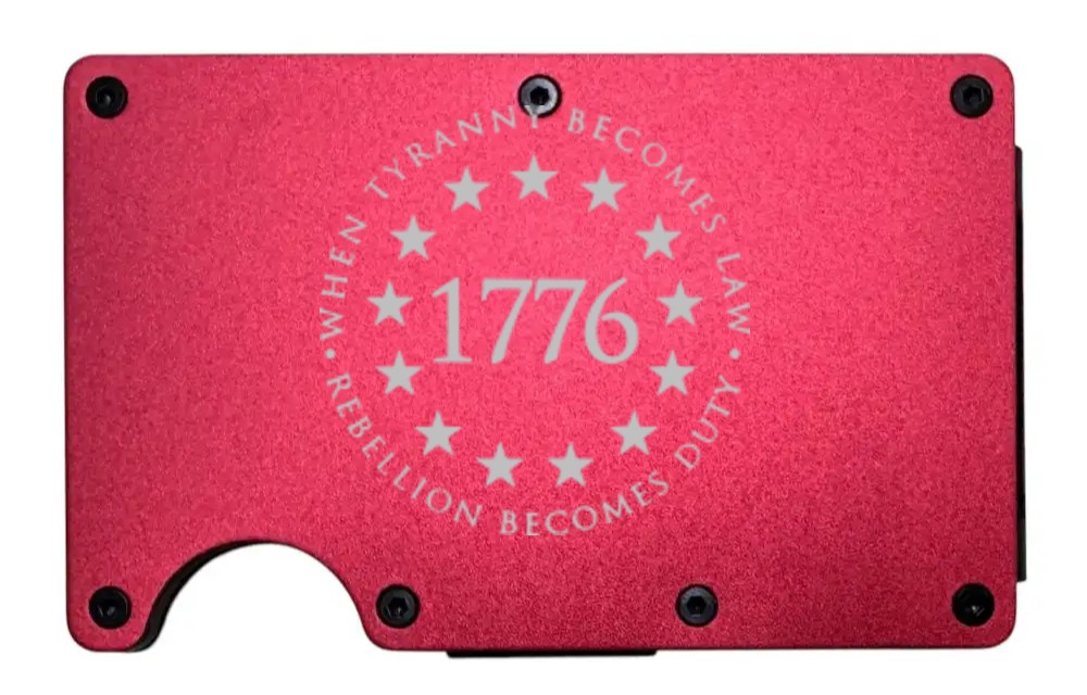 When Tyranny Becomes Law 1776 design laser engraved on a red metal wallet (preview)
