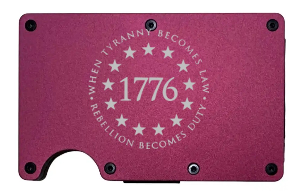 When Tyranny Becomes Law 1776 design laser engraved on a wine red metal wallet (preview)