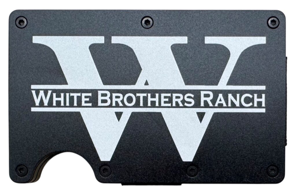 White Brothers Ranch logo laser engraved on a black metal wallet